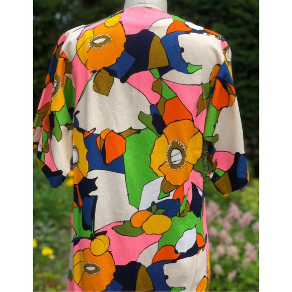Vintage 60s/70s Psychedelic Floral Citrus Fruit Flower Power Hostess Maxi Dress - Picture 9 of 16